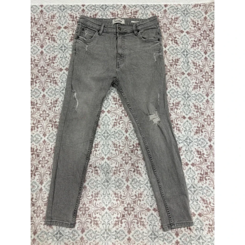 Pull&Bear Mens Grey Distressed Carrot Fit Tapered Jeans Size 32 Slim Stretch